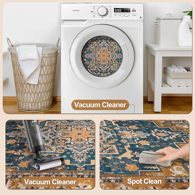 Tangsoo 2x3 Washable Rug for Entryway, Vintage Non Slip Small Area Rug, Indoor Front Door Rug, Print Distressed Door Mat Carpet, Soft Low Pile Rugs for Entrance Kitchen Bedroom Rusty Orange