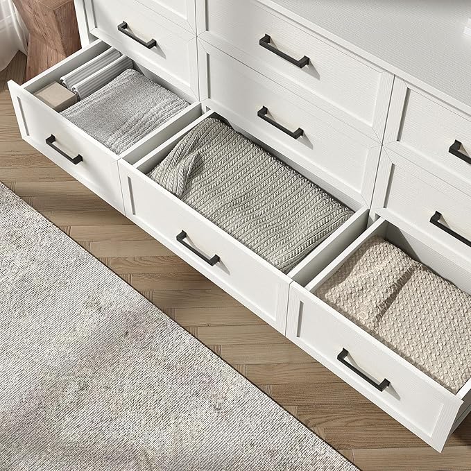 Farmhouse 9 Drawers Dresser for Bedroom, Wood Rustic Wide Dressers with Metal Handles, Wood Chest for Bedroom, Hallway, Entryway, White