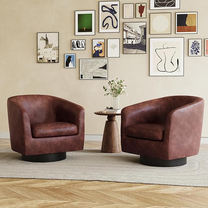 UIXE 360° Swivel Barrel Accent Chair Armchair, PU Leather Round Club Arm Chair for Lving Room, Modern Upholstered Small Bedroom Single Sofa Seat - Red Brown, Set of 2
