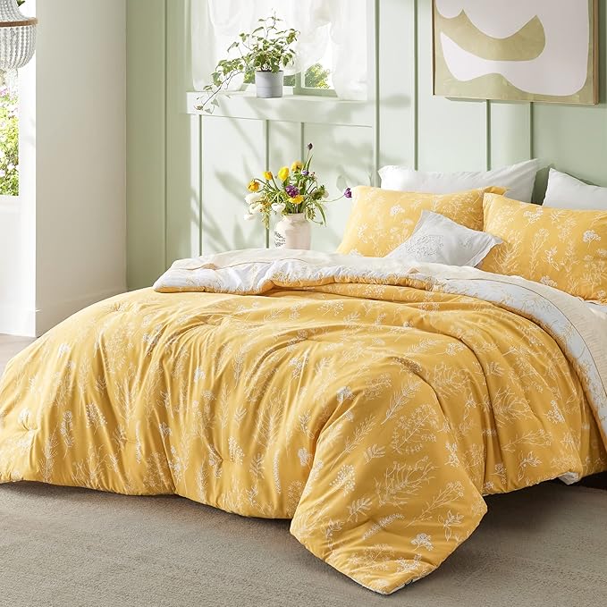 Bedsure Twin/Twin XL Comforter Set - Yellow Bed Set, 2 Pieces Cute Floral Bedding, 1 Soft Reversible Botanical Flowers Comforter and 1 Pillow Sham