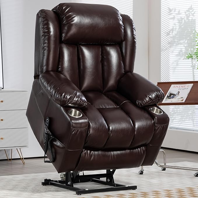 Electric Lay Flat Recliner Chair with Vibration Massage Heat for Elderly People, Power Lift Chair with Dual Motor Cup Holders, Faux Leather Red Brown