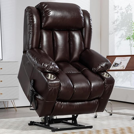 Electric Lay Flat Recliner Chair with Vibration Massage Heat for Elderly People, Power Lift Chair with Dual Motor Cup Holders, Faux Leather Red Brown