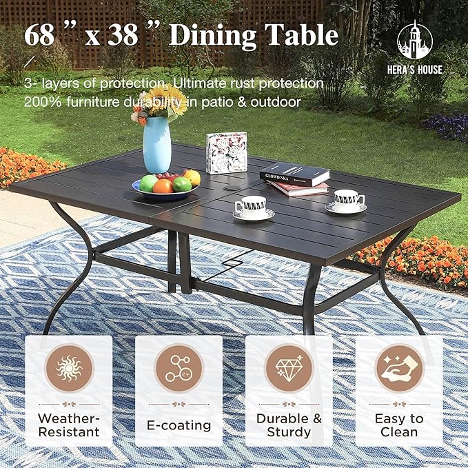 HERA'S HOUSE 7 Pieces Patio Dining Set for 6, Outdoor Rattan Chairs and Black Metal Table with 1.57" Umbrella Hole, Patio Dining Set for Deck Backyard Garden