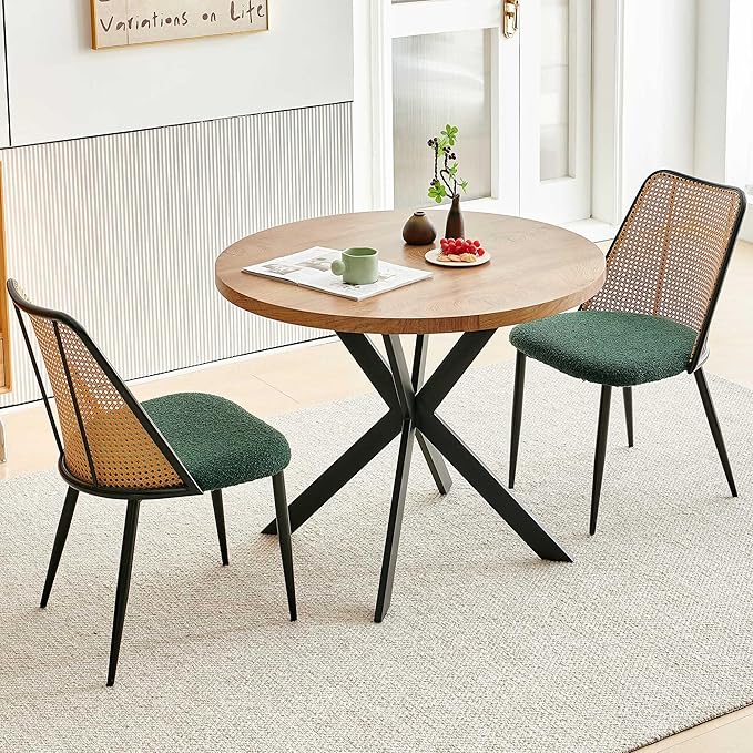 NORDICANA 3-Piece Wooden Dining Set, Space-Saving Round Table & Chair Set for Kitchen, Breakfast Nook, Rattan Wicker Dining Chairs with Boucle Seats - Green
