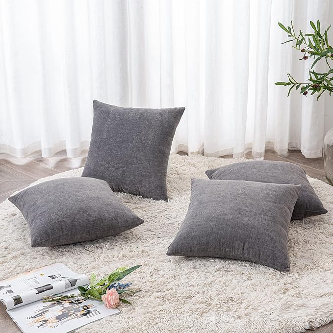 GAWAMAY Decorative Square Throw Pillow Covers 18"x18" Inch Set of 4, Super Soft Chenille Pillows Cover Fall Pillowcase for Living Room Bedroom Sofa Couch Cushion Cover Grey 45x45cm (No Insert)