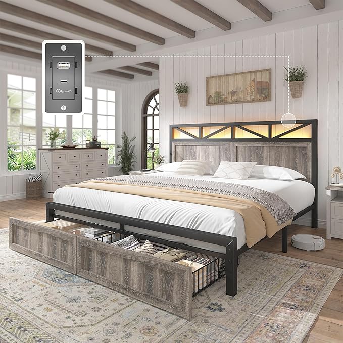 EnHomee Bed Frame Queen Size with Headboard and 2 Storage Drawers,Built in Charging Station,NO Noise,No Box Spring Needed,Grey