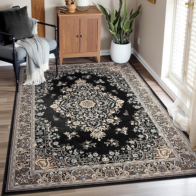 Vintage Area Rug 5x8 Rugs, Machine Washable Vintage Area Rug Non-Slip Low Pile Large Rug for Living Room, Bedroom, Farmhouse, Dining Room, Black