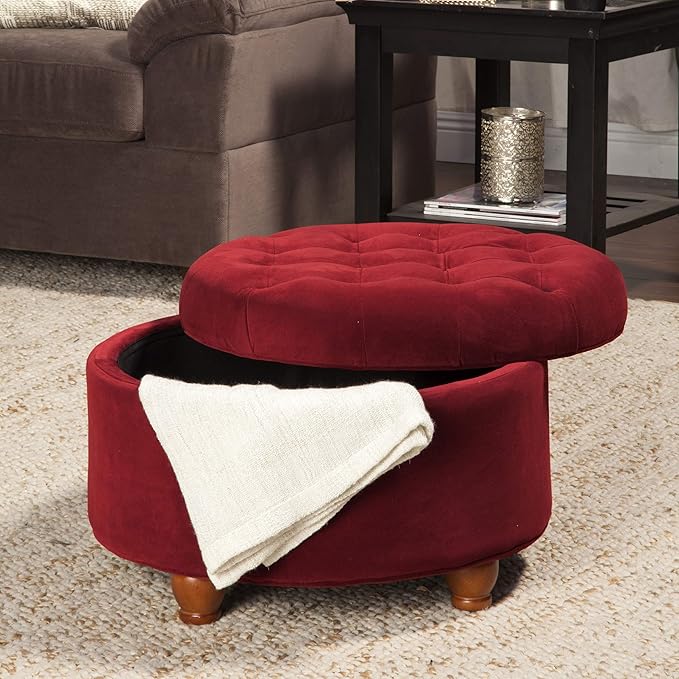 Homepop Home Decor |N8264-B119 | Large Button Tufted Velvet Round Storage Ottoman | Ottoman with Storage for Living Room & Bedroom, Berry