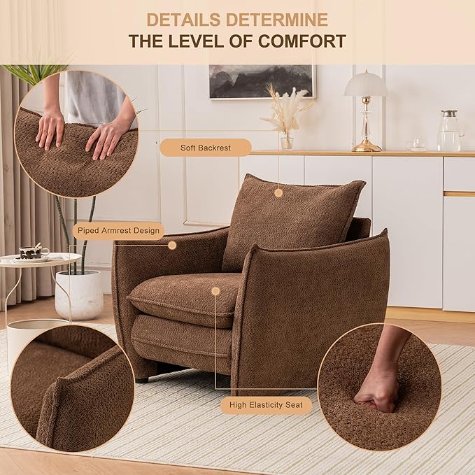 Oversized Accent Chair, Modern Single Sofa Cloud Chair with Removable Pillow, Deep Seat Comfy Armchair for Living Room Bedroom Reading Nook - Upholstered Lounge Chair (Brown)