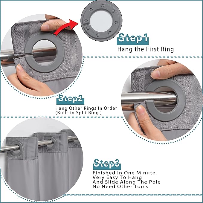 Extra Long No Hook Waffle Weave Shower Curtain with Snap in Liner Set, Hotel Luxury Grey Shower Curtains for Bathroom with See Through Top Window, Waterproof, Washable 71W x 84H Stripe