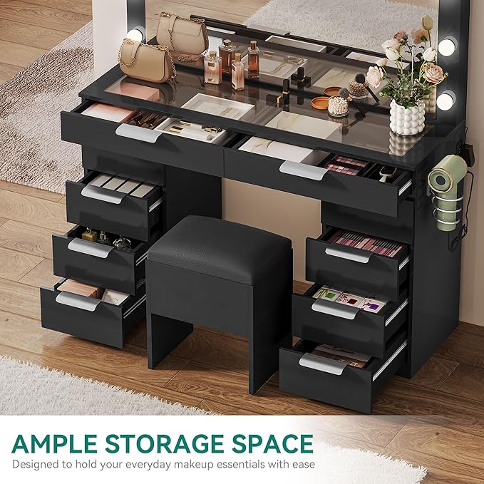 YITAHOME 46" Glass Top Vanity Desk with Mirror with Lights, Large Makeup Vanity Set with 10 Drawers & Storage Stool, Power Outlet, Dressing Table with 3 Adjustable Light Modes, Dressing Room, Black