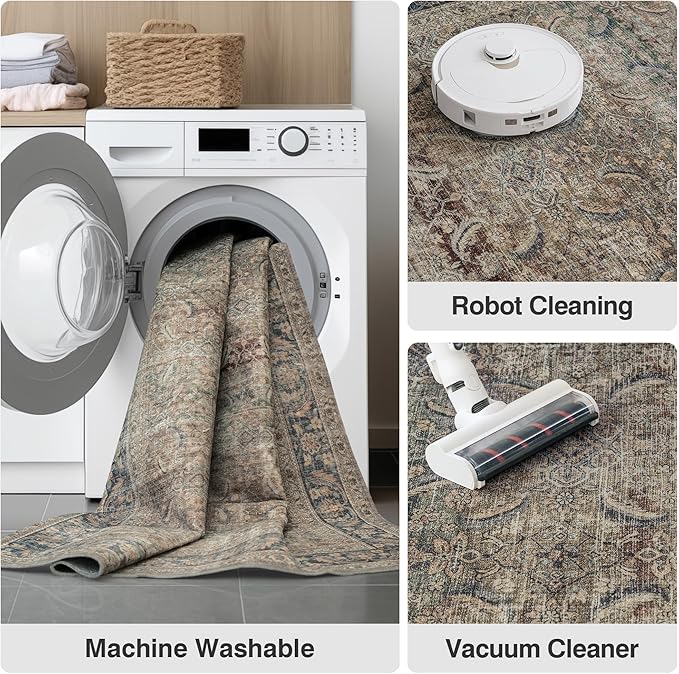 Fmfunctex 2x6 Runner Rug Brown Vintage Neutral Washable Distressed Non Slip Low Pile Indoor Carpet Soft Retro Hallway Entryway Rug for Kitchen Living Room Bedroom Bathroom Laundry Entry Bedside, Multi