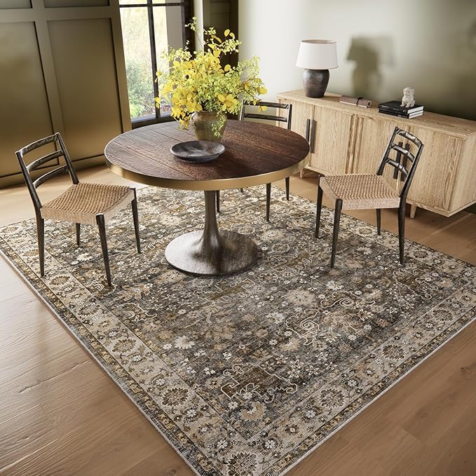 6x9 Washable Rug Vintage Fade Resistant Boho Distressed Non-Slip Indoor Large Carpet Low Pile Lightweight & High-Traffic Safe for Bedroom, Dorm, Playroom - Farmhouse Decor