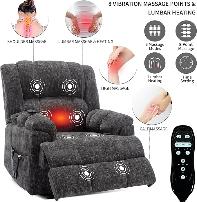 Luxlen Power Lift Recliner Chair for Elderly, Heat Massage Recliners, Dual Motor Oversized Lift Chair, Medium-Firm Electric Lift Recliners with Remote - Dark Grey