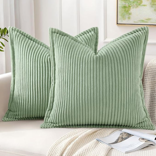 Mecatny Corduroy Throw Pillow Covers 24x24 Set of 2, Neutral Decorative Soft Boho Couch Pillow Covers with Broadside for Sofa Living Room, Sage Green