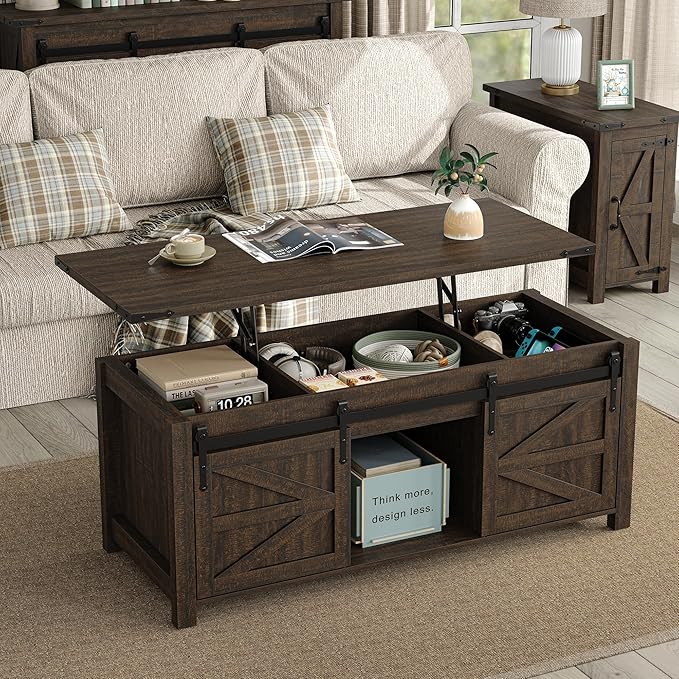 47.3'' Lift Top Coffee Table Rectangle Farmhouse Coffee Table with Storage Rustic Center Table with Sliding Barn Doors for Living Room, Home, Dark Brown