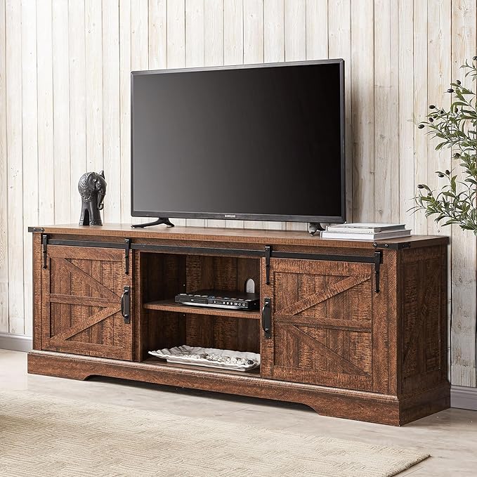 T4TREAM Farmhouse TV Stand for 75 Inch TV, Rustic Entertainment Center w/Sliding Barn Door, Large Media Console Cabinet w/Storage Shelves, Wood Television Stand for Living Room, Reclaimed Barnwood