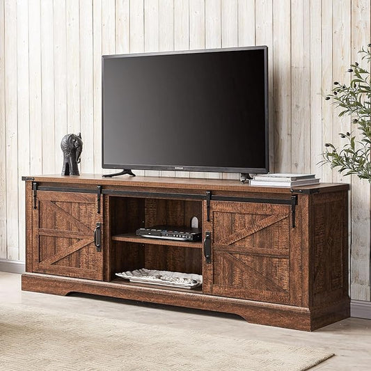 T4TREAM Farmhouse TV Stand for 75 Inch TV, Rustic Entertainment Center w/Sliding Barn Door, Large Media Console Cabinet w/Storage Shelves, Wood Television Stand for Living Room, Reclaimed Barnwood