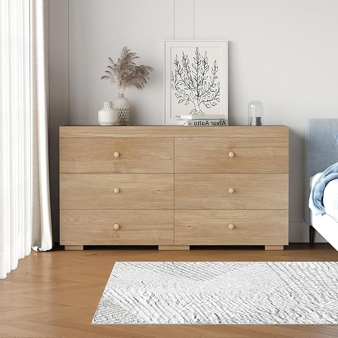 Dresser for Bedroom 6 Drawer Wood Dresser 58.3" Wide, Large Chest of Drawers for Bedroom, Living Room, Hallway, Entryway, Modern TV Stand Drawer Organizer, Light Oak