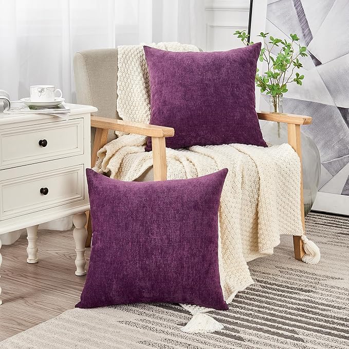 GAWAMAY Decorative Square Throw Pillow Covers 18"x18" Inch Set of 2, Super Soft Chenille Pillows Farmhouse Fall Pillowcase for Living Room Bedroom Sofa Couch Cushion Cover Purple 45x45cm (No Insert)