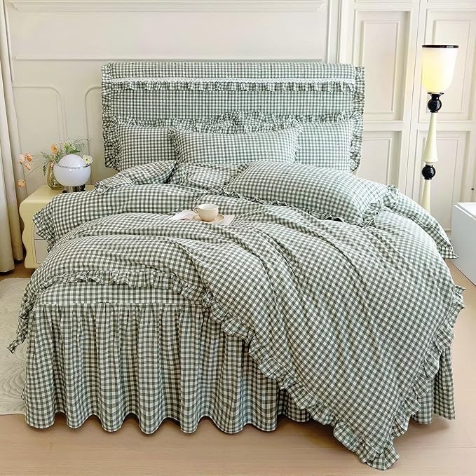 mixinni Vintage Green Gingham Ruffle Comforter Set 3-Piece Washed Cotton King Size Grid Bedding Set with Geometric Checkered Pattern, Farmhouse Chic Soft Fluffy Comforter for All-Season