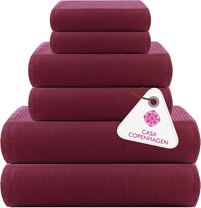 CASA COPENHAGEN Waffle Terry Towel 6Pcs Set, Cotton Extra Large Luxurious- Burgundy, 2Bath Sheets XL- 35 x 70 Inch, 2Large Hand Towels- 20 x 31Inch, 2Large Washcloths- 16 x 16 Inch