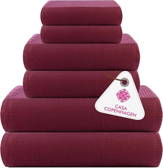 CASA COPENHAGEN Waffle Terry Towel 6Pcs Set, Cotton Extra Large Luxurious- Burgundy, 2Bath Sheets XL- 35 x 70 Inch, 2Large Hand Towels- 20 x 31Inch, 2Large Washcloths- 16 x 16 Inch