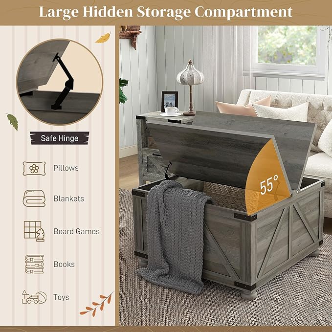 HOMCOM Farmhouse Coffee Table, 31.5" Square Coffee Table with Storage, Living Room Center Table with Hinged Flip Lift Top and Hidden Space, Distressed Gray