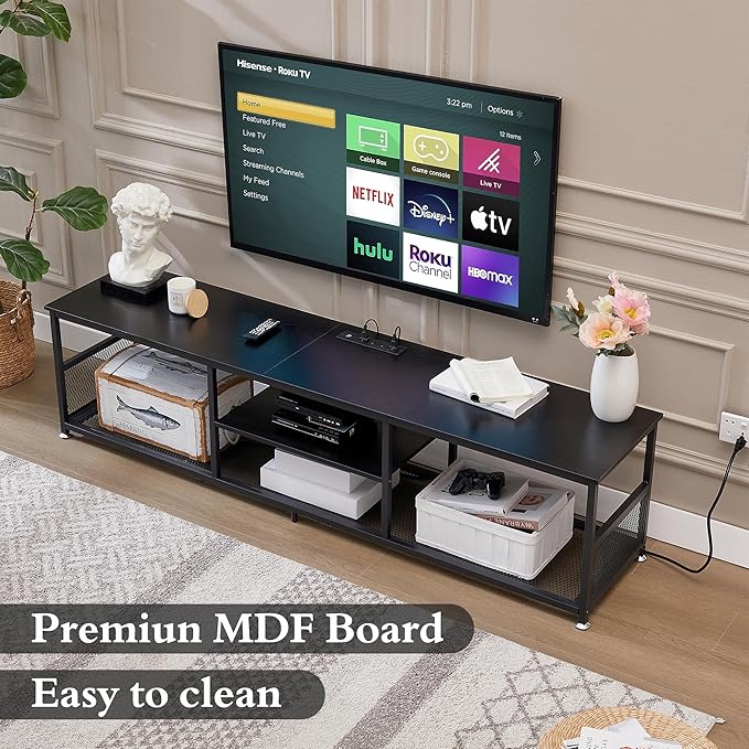 VECELO TV Stand with Power Outlets for Televisions up to 65Inch, 55" Media Entertainment Center with Charging Station 3-Tier Open Storage Shelves with Metal Frame for Living Room/Bedroom，Black