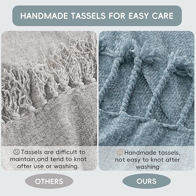 BATTILO HOME Blue Grey Throw Blanket for Couch Bed, Soft Cozy Light Blue Chenille Throw Blanket with Fringe, Lightweight Throw Blanket for Home Decor, 50"x60"