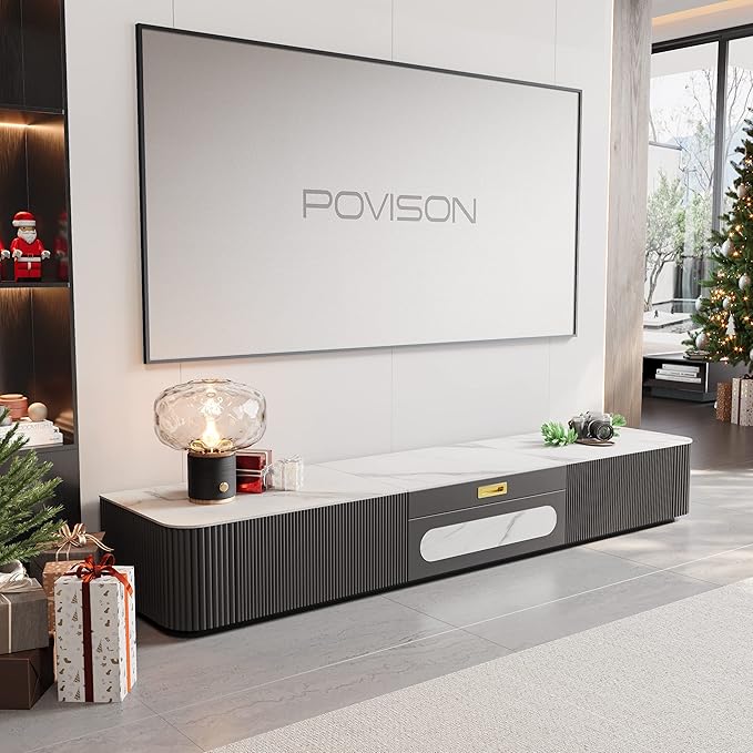 POVISON Fully-Assembled Modern TV Stand for Projector, Sintered Stone Entertainment Center with Storage for 65 inch TV, Wood TV Console, Media Console for Living Room Bedroom
