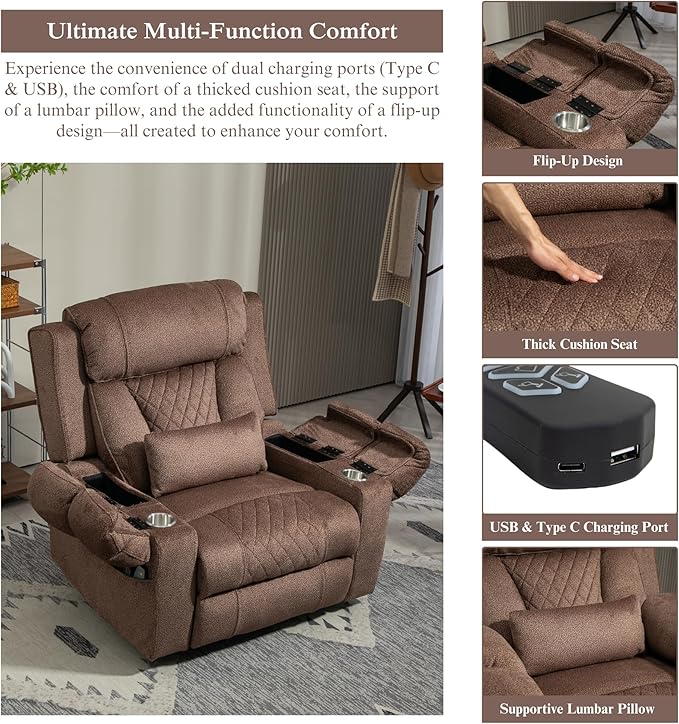 Big Man Power Lift Recliner for Elderly Adults 28 Inch Wide Seat, Lay Flat Lift Chair with Heat Massage, Flip Arm Storage Cup Holders, USB Type C Charging, 400 lbs