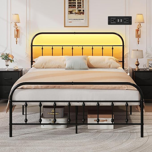 WLIVE Queen Bed Frame with Headboard, Bed Frame Queen Size with LED Lights and Charging Station, Metal Bed Frames with Storage, Black