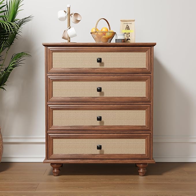 ORRD 4 Drawer Dresser for Bedroom, Mid Century Modern Wide Wood Rustic Chest of Drawers Wooden Storage Organizer Dressers with Burlap Rattan Drawers for Living Room, Hallway Closet, Entryway, Walnut