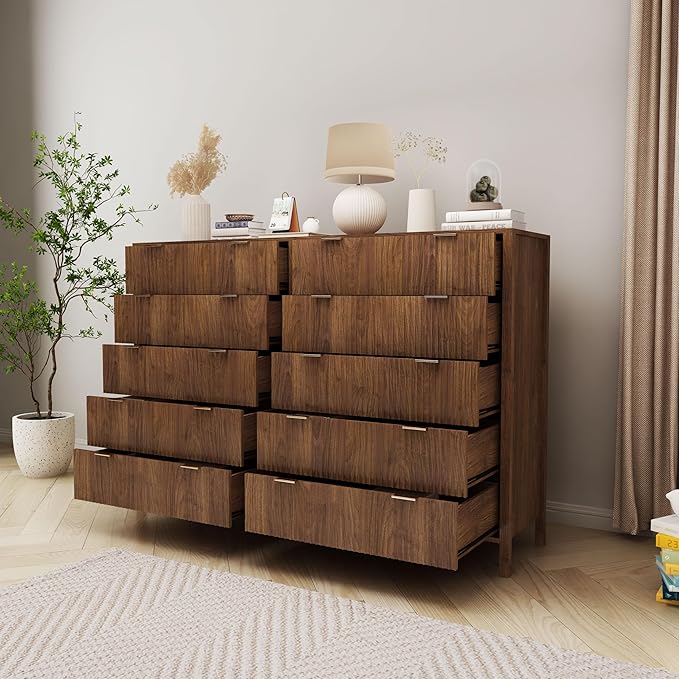 Fluted 5 Drawer Tall Dresser for Bedroom, Mid Century Modern Nightstand with Drawers, Tall Bedside Table for Closet Cloth, Living Room End Table with Storage for Dorm -Walnut