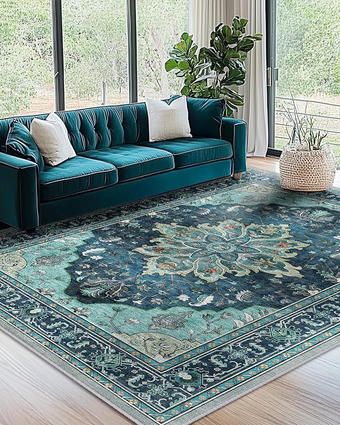 Area Rugs 7'x9' Washable Non-Slip, Floral Vintage Distress Print Pattern Medallion Carpet for Living Room Bedroom Dining Room, Teal Green Lake Blue Turquoise