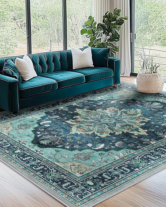 Area Rugs 7'x9' Washable Non-Slip, Floral Vintage Distress Print Pattern Medallion Carpet for Living Room Bedroom Dining Room, Teal Green Lake Blue Turquoise