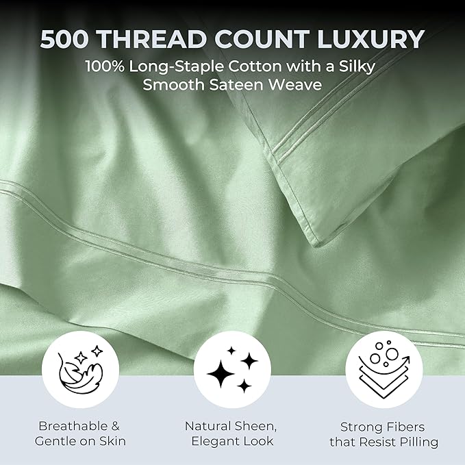 100% Natural Cotton Sheets Queen Size Bed Set | 500 TC Single-Ply Sateen Weave | Soft, Breathable, Hypoallergenic Solid 4-Piece Bedding with Deep Pocket Fitted, Flat, Pillowcase | Sage