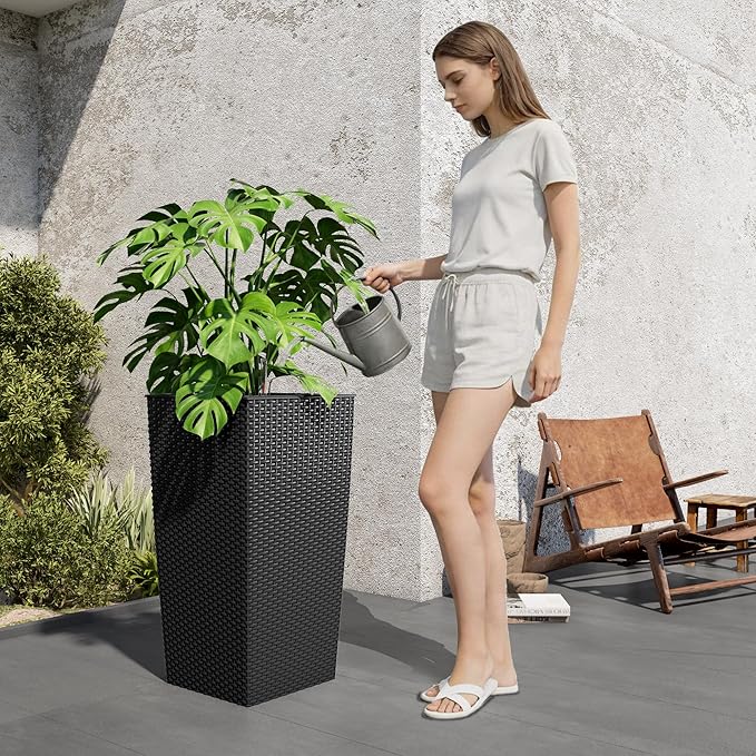 30in Tall Planter, Self Watering Pots for Indoor/Outdoor Plants with Drain Holes, Water Level Monitor, Inner Bucket for Front Porch Patio, Black Large(1 Set)