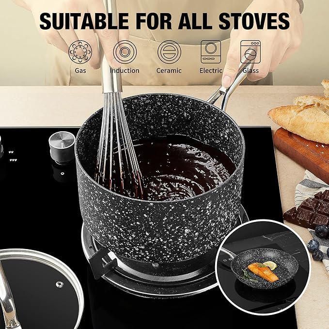Nonstick Premium 3-Piece Saucepan Set with Glass Lids, Natural Durable Granite Coating, Nonstick, Durable & Oven Safe to 450°F, 1&2&3QT, Black