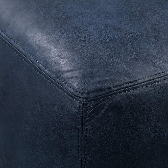 POLY & BARK Denver Rectangle Leather Ottoman in Full-Grain Semi-Aniline Italian Tanned Leather in Midnight Blue