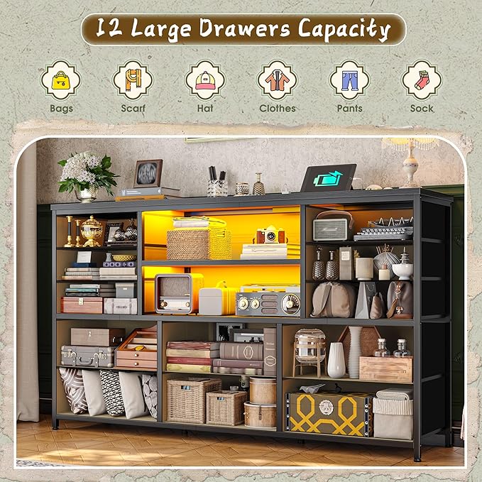 TV Stand with 12 Fabric Drawers for 55 inch TV, Entertainment Center with Charging Station & LED Lights, TV Media Console Table with 2 Open Storage Shelves for Living Room, Dorms, Wood Top, Grey