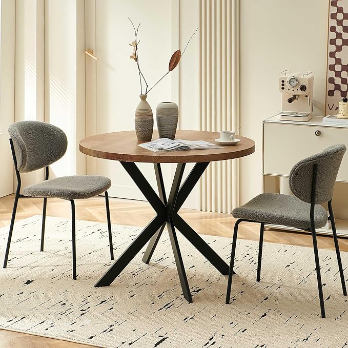 Modern Dining Table Set for 2, 3-Piece Set, 37" Round MDF Coffee Table With 2 Seated Grey Boucle Chairs Upholstered, Metal Legs for Dining Hall, Living Room