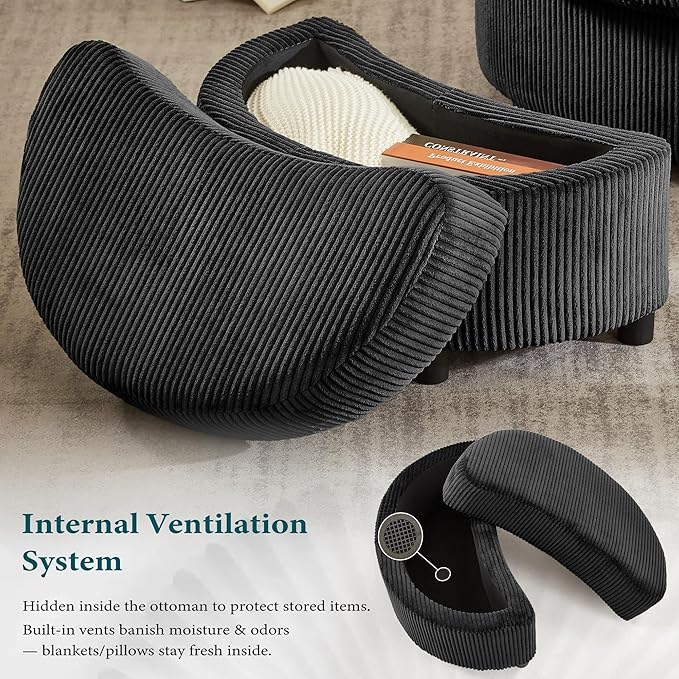 Swivel Accent Chair with Ottoman Comfy Reading Chairs for Bedroom Modern Corduroy Arm Chair 360°Swivel Barrel Chairs for Living Room,Apartment (Black, 2)