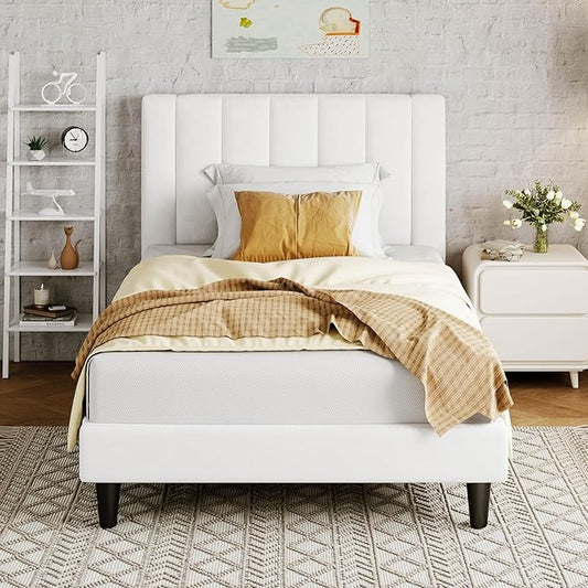 Allewie Twin Bed Frame/Velvet Upholstered Bed Frame with Vertical Channel Tufted Headboard/Strong Wooden Slats/Platform Bed Frame/Mattress Foundation/Box Spring Optional/Easy Assembly/White