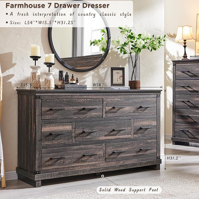 Farmhouse 7 Drawers Dresser for Bedroom, Wood Large Chest of Drawers with Thick Plank Styling, Rustic Closet Dresser for Bedroom, Living Room, Dark Rustic Oak