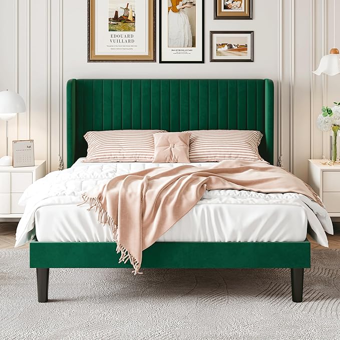 SHA CERLIN Queen Size Velvet Bed Frame with Vertical Channel Tufted Wingback Headboard, Upholstered Platform Bed with Wood Slats, No Box Spring Needed, Easy Assembly, Green