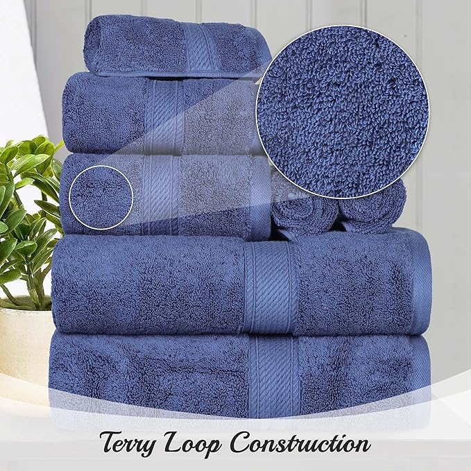 Superior Egyptian Cotton Pile 10 Piece Towel Set, Includes 2 Bath, 4 Hand, 4 Face Towels/Washcloths, Ultra Soft Luxury Towels, Thick Plush Essentials, Guest Bath, Spa, Hotel Bathroom, Navy Blue