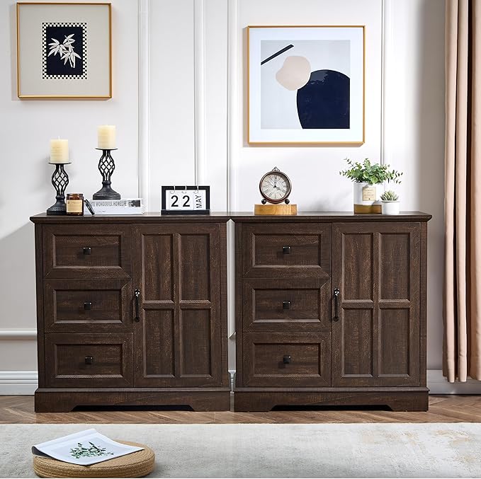 3+1 Dresser for Bedroom, Cherry Dressers Storage with Wooden Drawers and Cross Door, TV Stand Chest of Drawers for Bedroom, Living Room