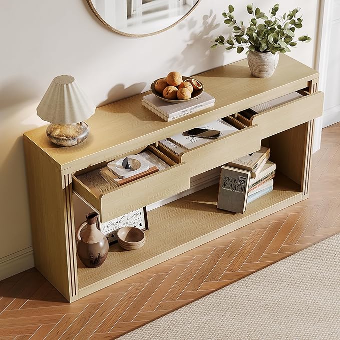 Treocho 63.9" Long Console Tables for Entryway, Farmhouse Entryway Table with Drawers, Narrow Sofa Table Behind Couch Table for Living Room, Entrance, Hallway, Natural